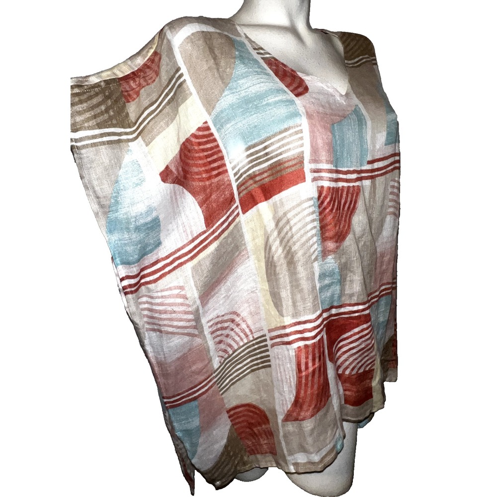 Chico's 100% Linen Geometric Abstract Poncho Top V-Neck Size L/XL Multi-Color - Picture 3 of 6